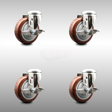 Service Caster 4 Inch 316SS Maroon Polyurethane Wheel Swivel Bolt Hole Caster Set with Brake SCC-SS316BH20S414-PPUB-MRN-TLB-4